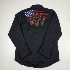 Roper Shirt Mens Medium Black Pearl Snap Western Long Sleeve American Flag‎ USA
